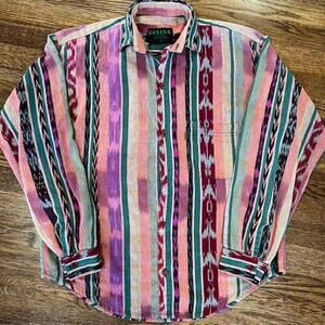 VTG 80s 90s Southwestern Aztec Button Up Shirt Womens L Rainbow Stripe Cowgirl